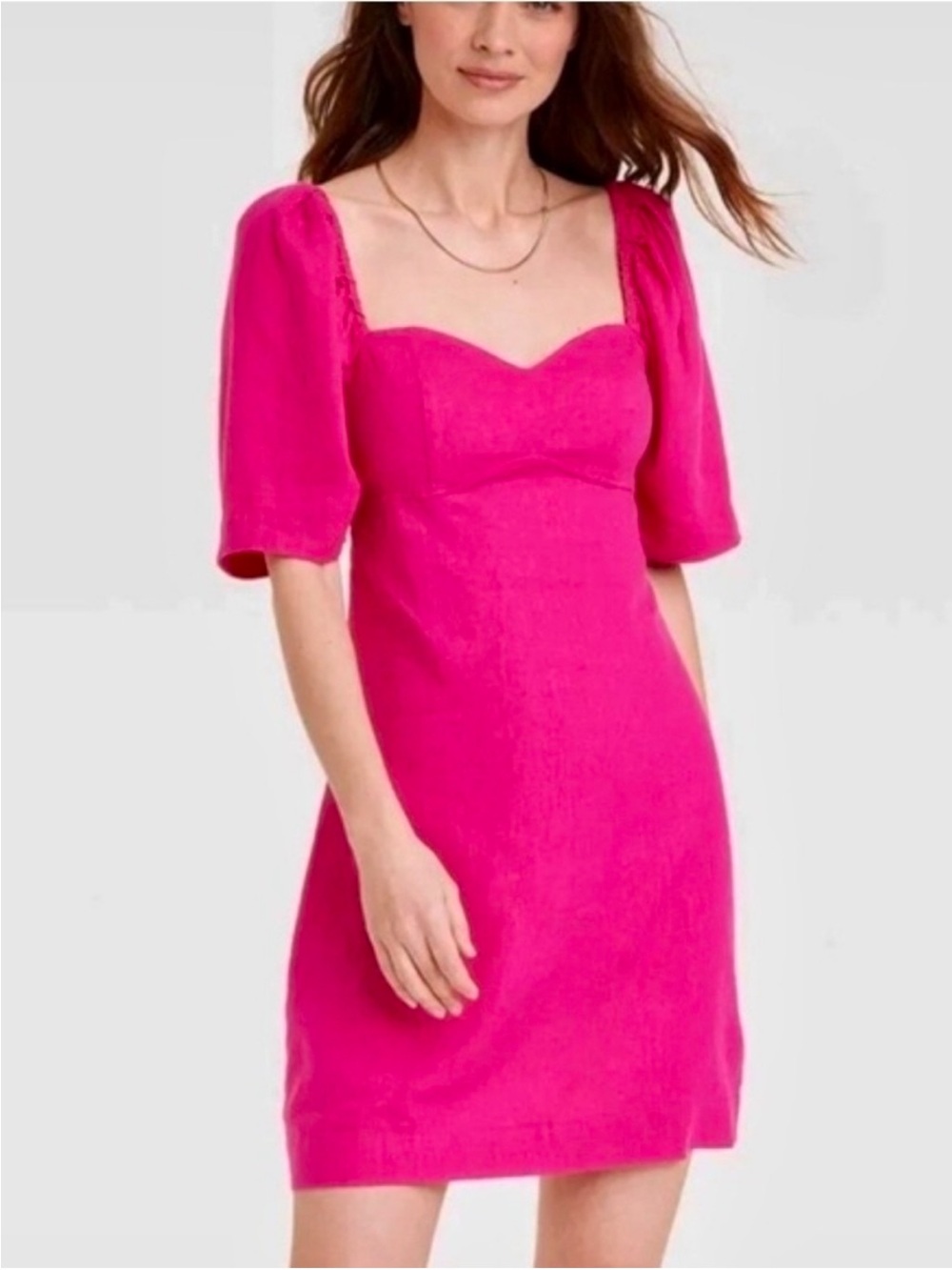 A New Day Linen Blend Puff Sleeve Sweetheart Midi Dress in Dark Pink L Large